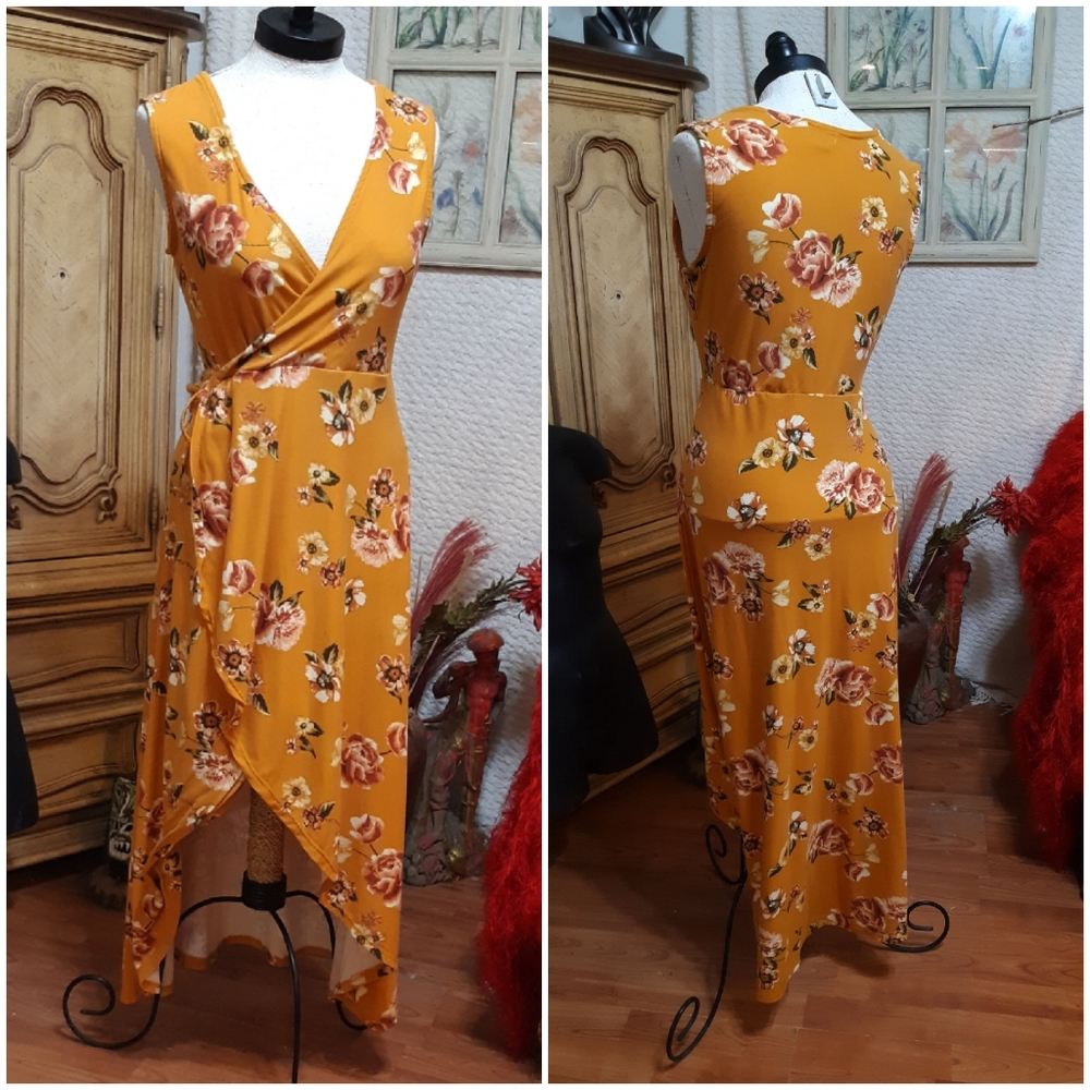 Womens Dress Sz Large Autumn High Low open front leg Justice Gold flower print
